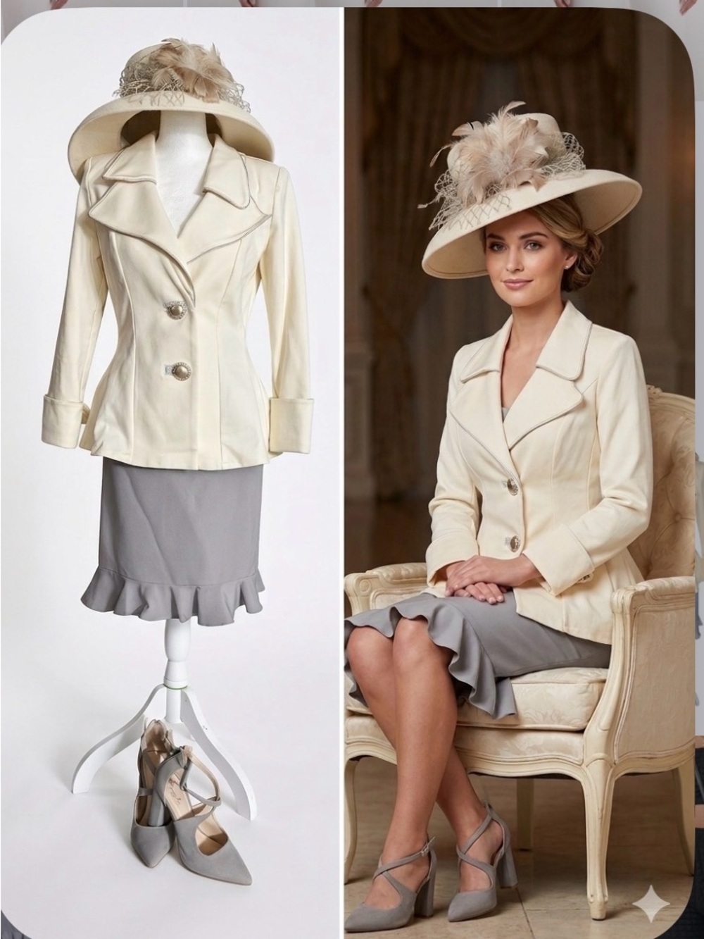Homecoming court Cream Tailored blazer grey skirt boutique hat & shoes